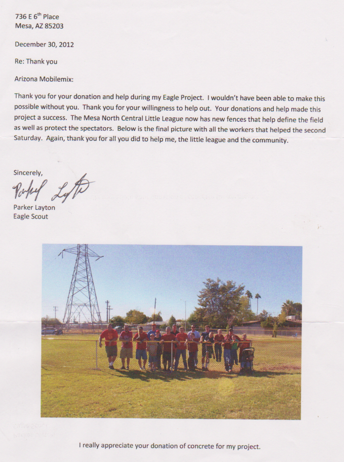 Parker Layton's Eagle Scout Project letter of appreciation