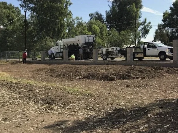Line pump trailer staged for a slab pour